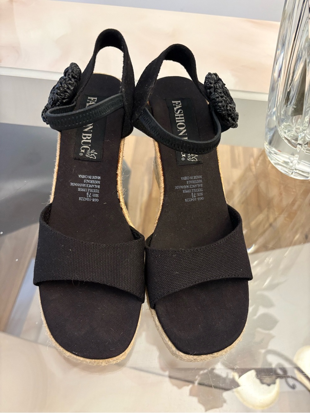 Fashion Bug Women's Black Wedge Slingback Sandals Flower Accent Slip On 7.5